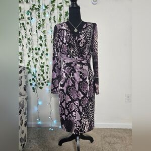 David Meister Purple Snakeskin Long Sleeve Surplice Knee Length Bodycon Dress